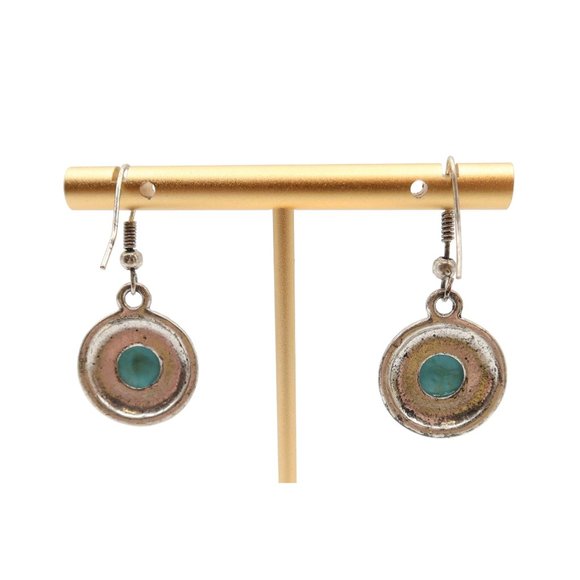 Silver Tone Faux Turquoise Cabochon Southwestern Drop Pierced Earrings Unsigned - Picture 3 of 3